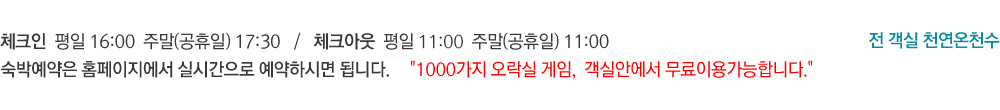 체크인  평일 16:00  주말(공휴일) 17:00   /   체크아웃  평일 12:00  주말(공휴일) 11:0 0 /  전 객실 천연온천수